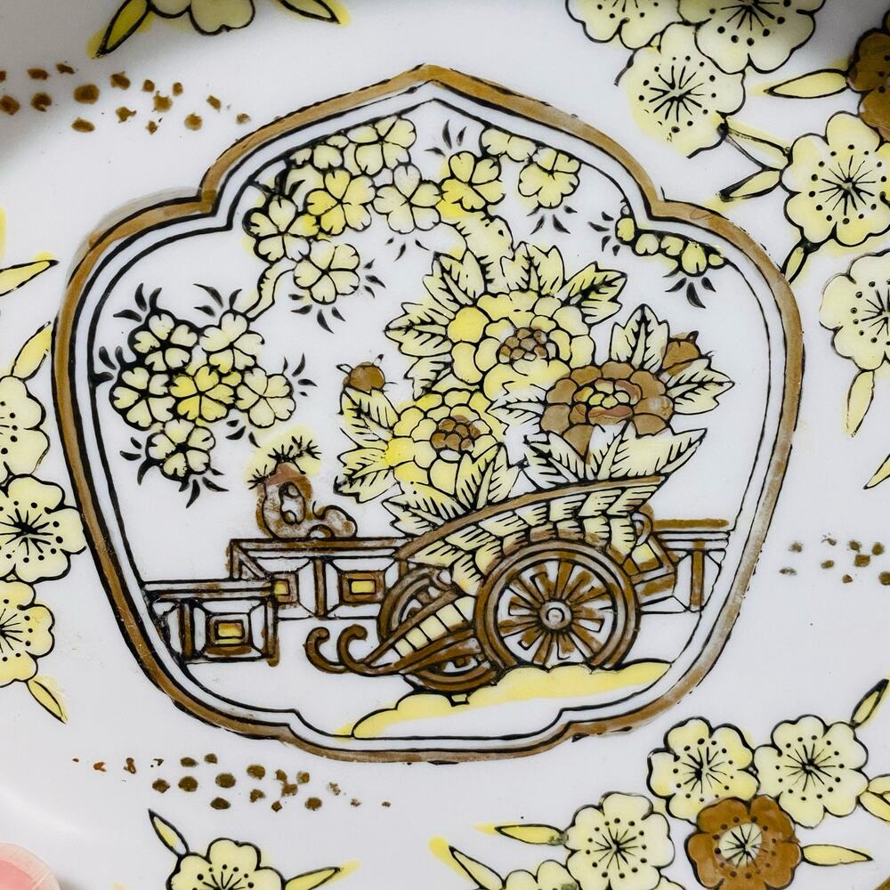 Hand Painted Gold Imari Small Dish Bowl Cart Floral Yellow Green Golden Vintage